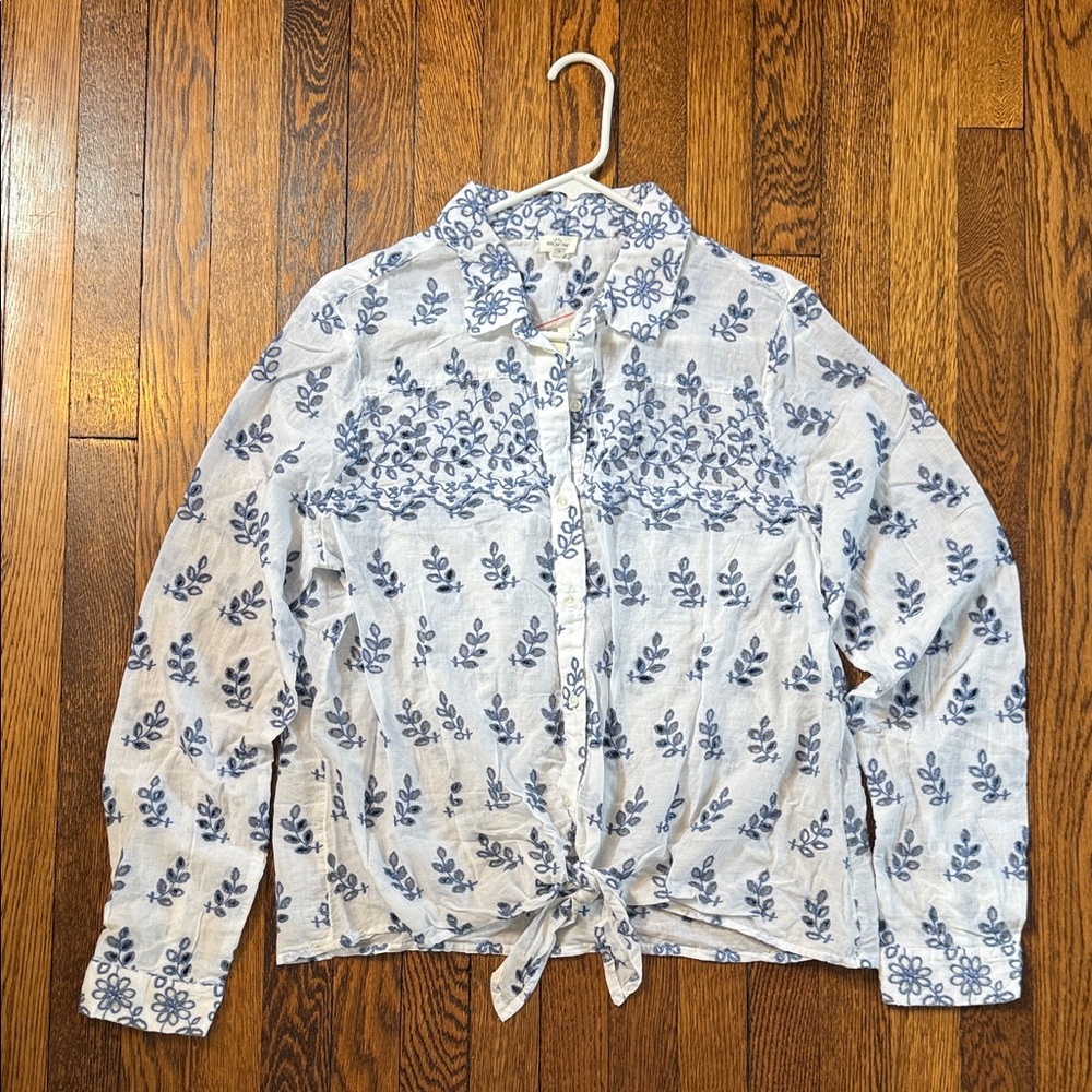 Anthropologie White Button-Front Blouse with Blue Eyelet Floral Embroidery